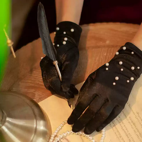 Gothic Black Pearl-Embellished Gloves – Short Gothic Gloves